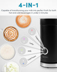 Black milk frother with coffee and latte art on a white background