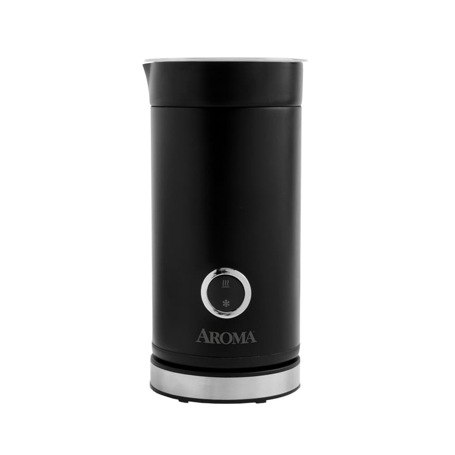 Black milk frother with 'Aroma' branding on a white background