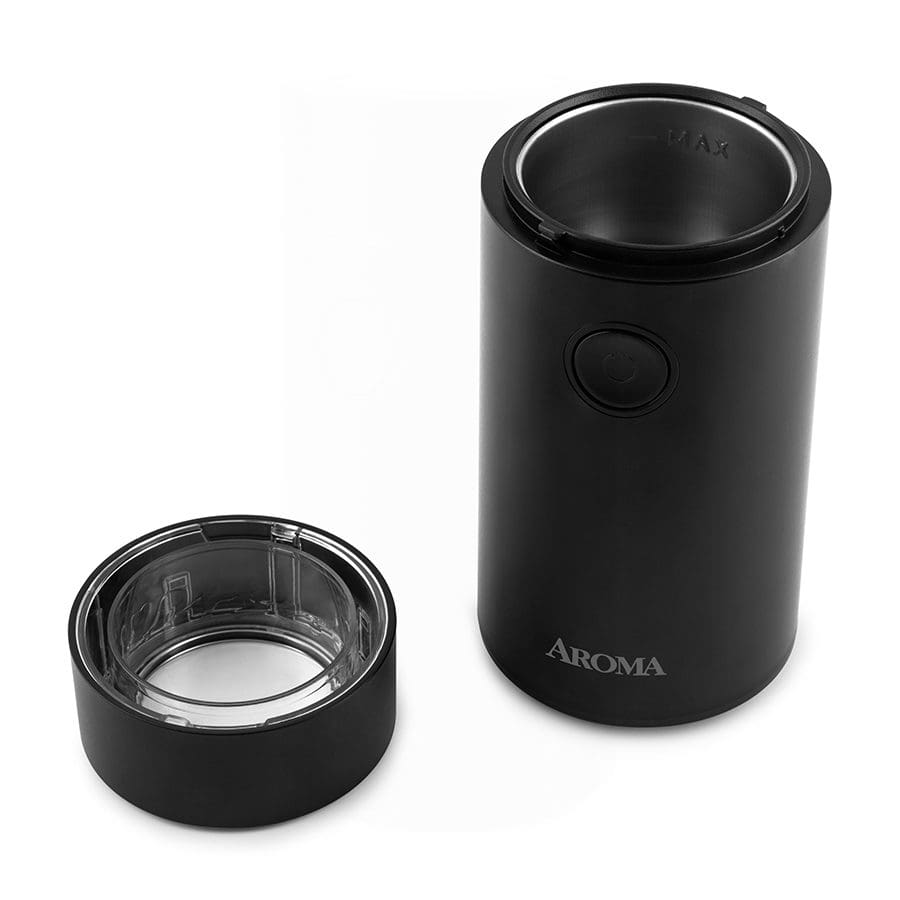 Black Aroma coffee grinder with clear lid on a white background