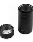 Black Aroma coffee grinder with clear lid on a white background