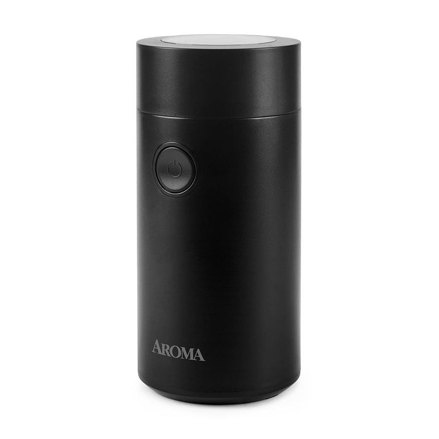 Black coffee grinder with 'AROMA' branding on a white background