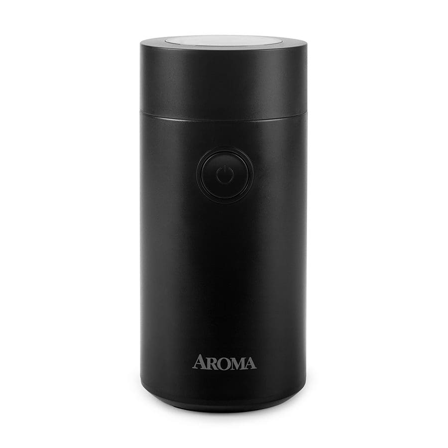 Black coffee grinder with 'AROMA' branding on a white background
