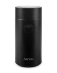 Black coffee grinder with 'AROMA' branding on a white background