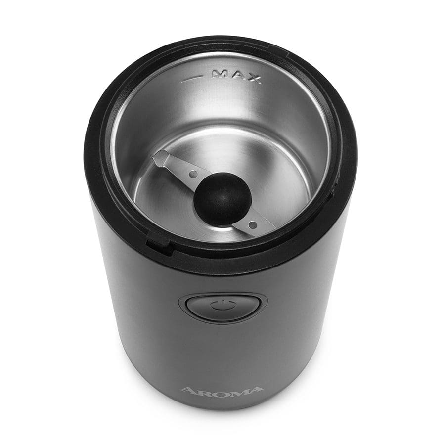Black coffee grinder on a white background