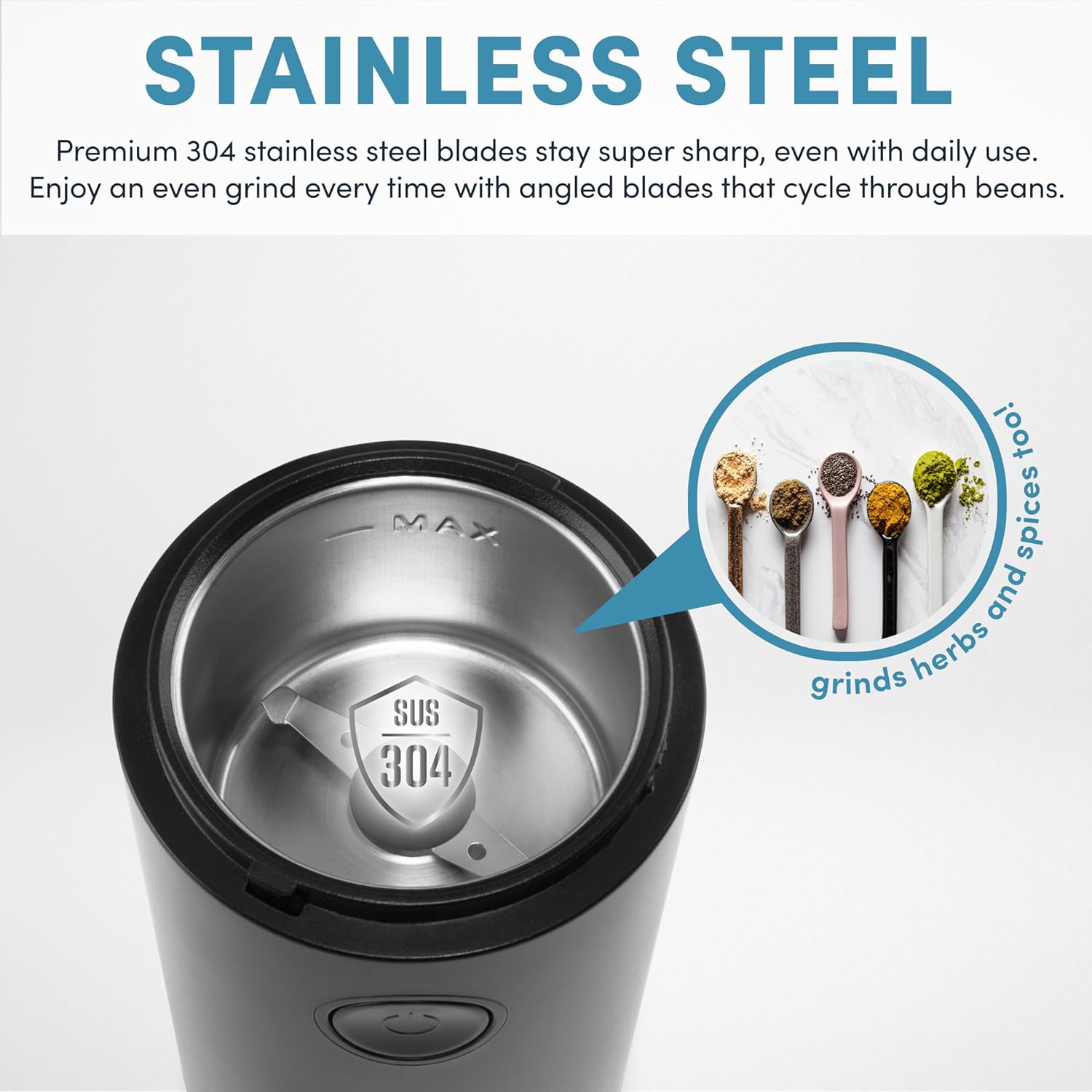 Stainless steel coffee grinder with text highlighting its features on a white background