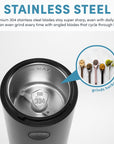 Stainless steel coffee grinder with text highlighting its features on a white background