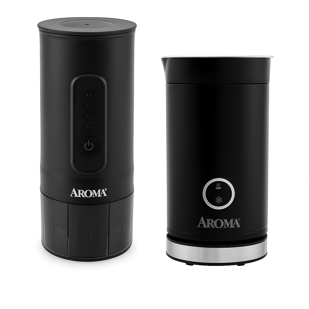 Two black Aroma coffee maker set on a white background