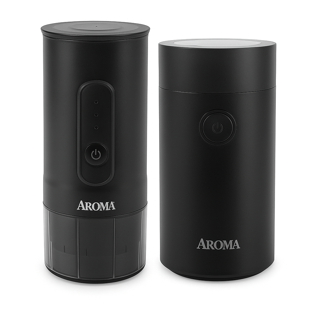 Two black Aroma coffee maker set on a white background