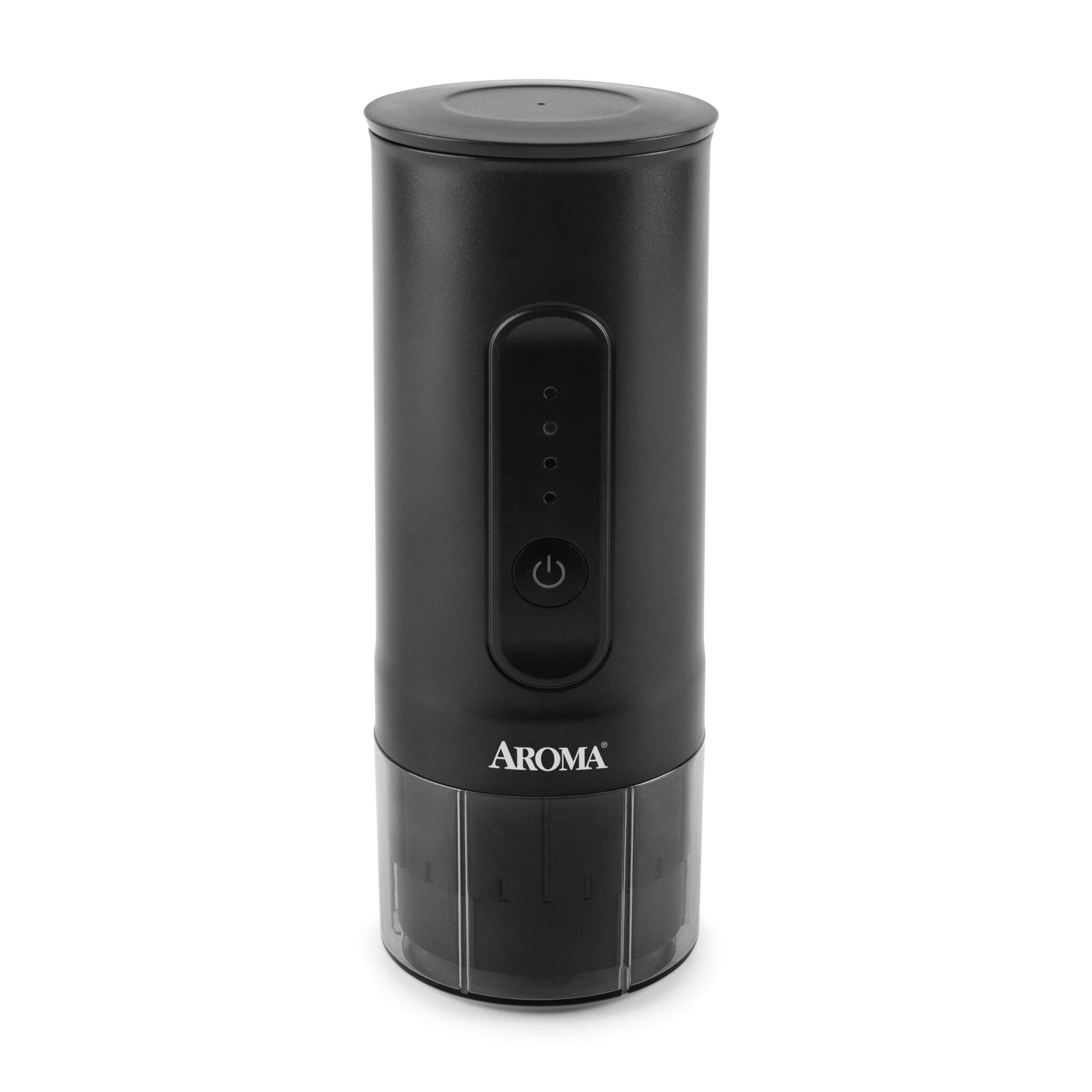 Black mini espresso maker with 'Aroma' branding on a white background