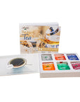 Tea bag set with colorful packaging and a leaflet on a white background