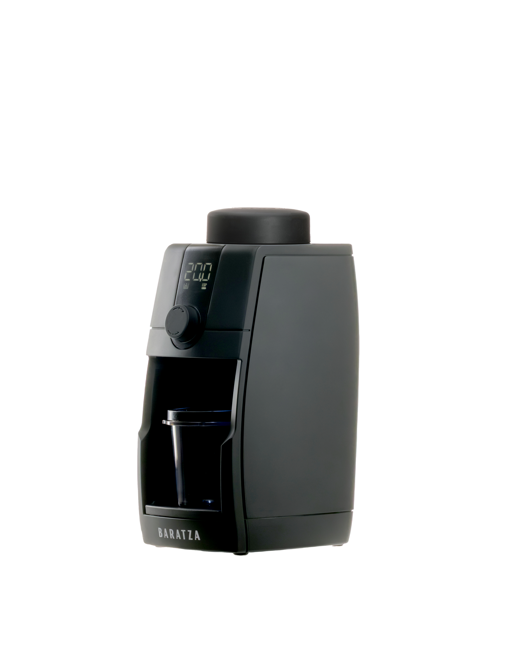 Black coffee grinder with digital display on a white background