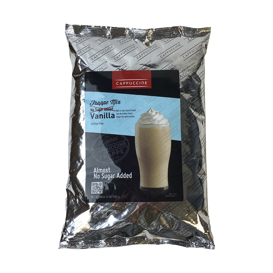 Cappuccino frappe mix package with vanilla flavor almost no sugar added on a white background