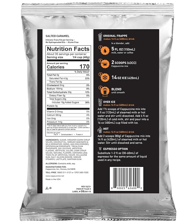 Back of a Capuccino mix package with nutritional information and ingredients.