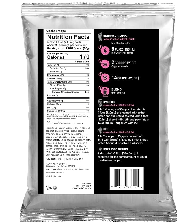 Back of a Mocha Frappe package with nutrition facts and preparation instructions.