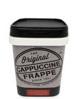 Cappuccino frappe tub with black lid and branding on a white background