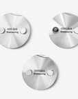 Set of three Cinq rolling honing knife sharpener with the side that different levels of grit for sharpening visible on a white background
