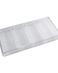 Clear plastic organizer with multiple compartments on a white background