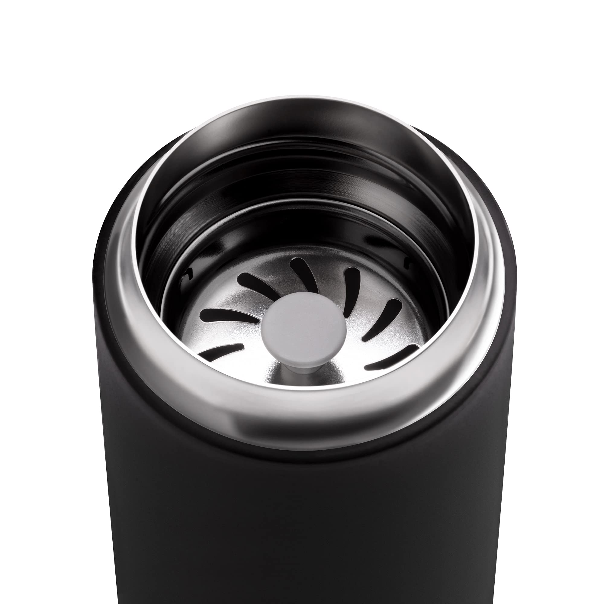 Close-up of a black thermos with a metallic interior on a white background