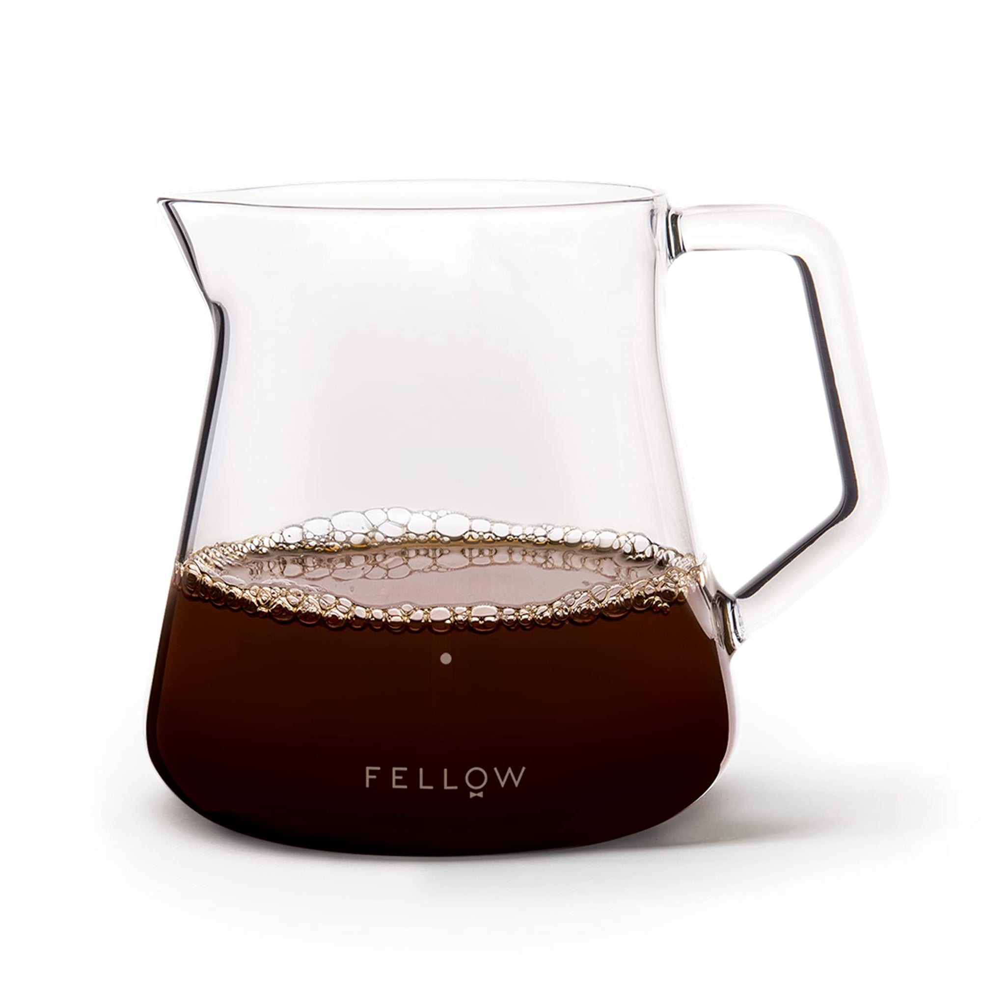 Clear glass coffee maker with coffee inside on a white background, featuring the 'Fellow' brand.