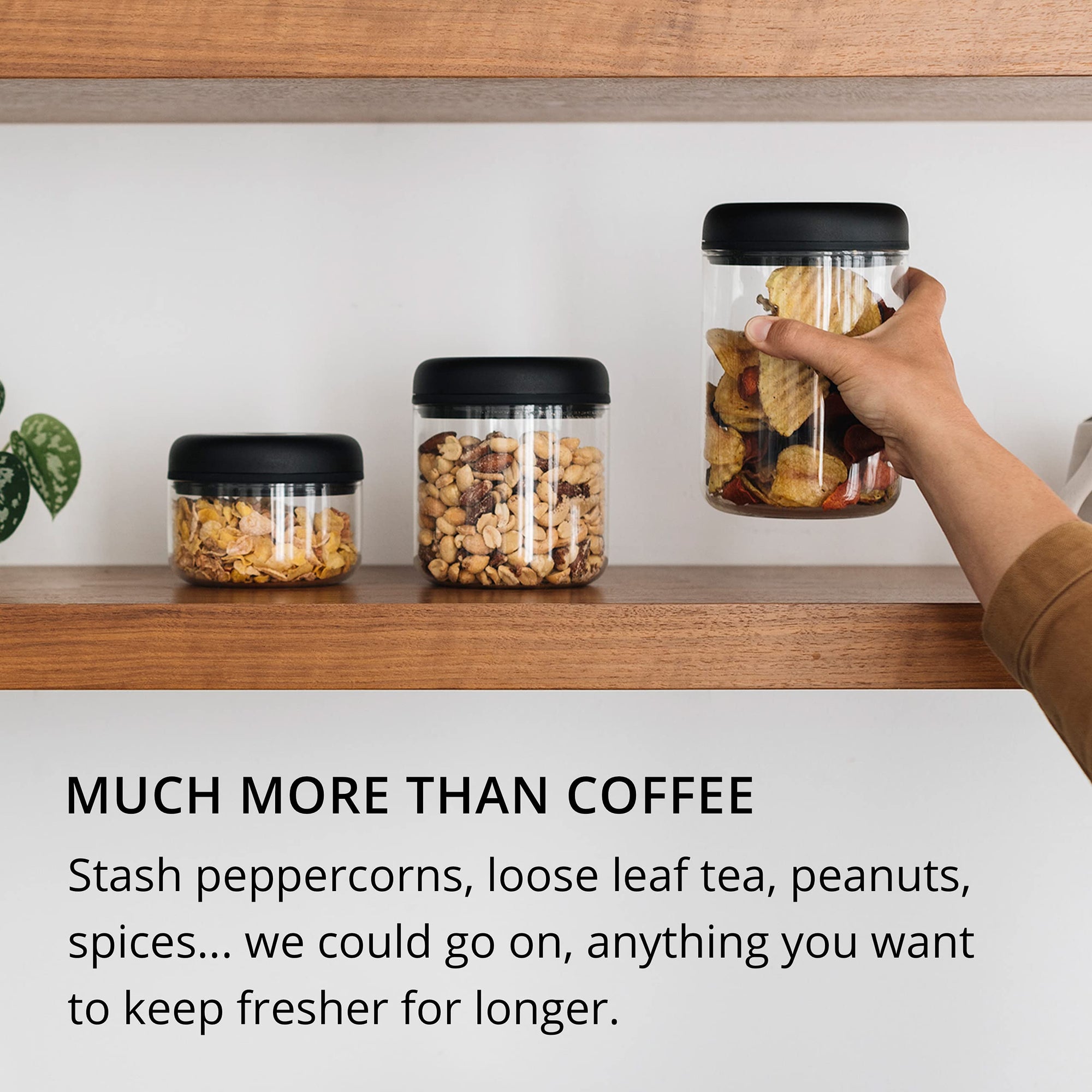 Hand holding a jar of snacks on a shelf with text about using jars for storing various items.