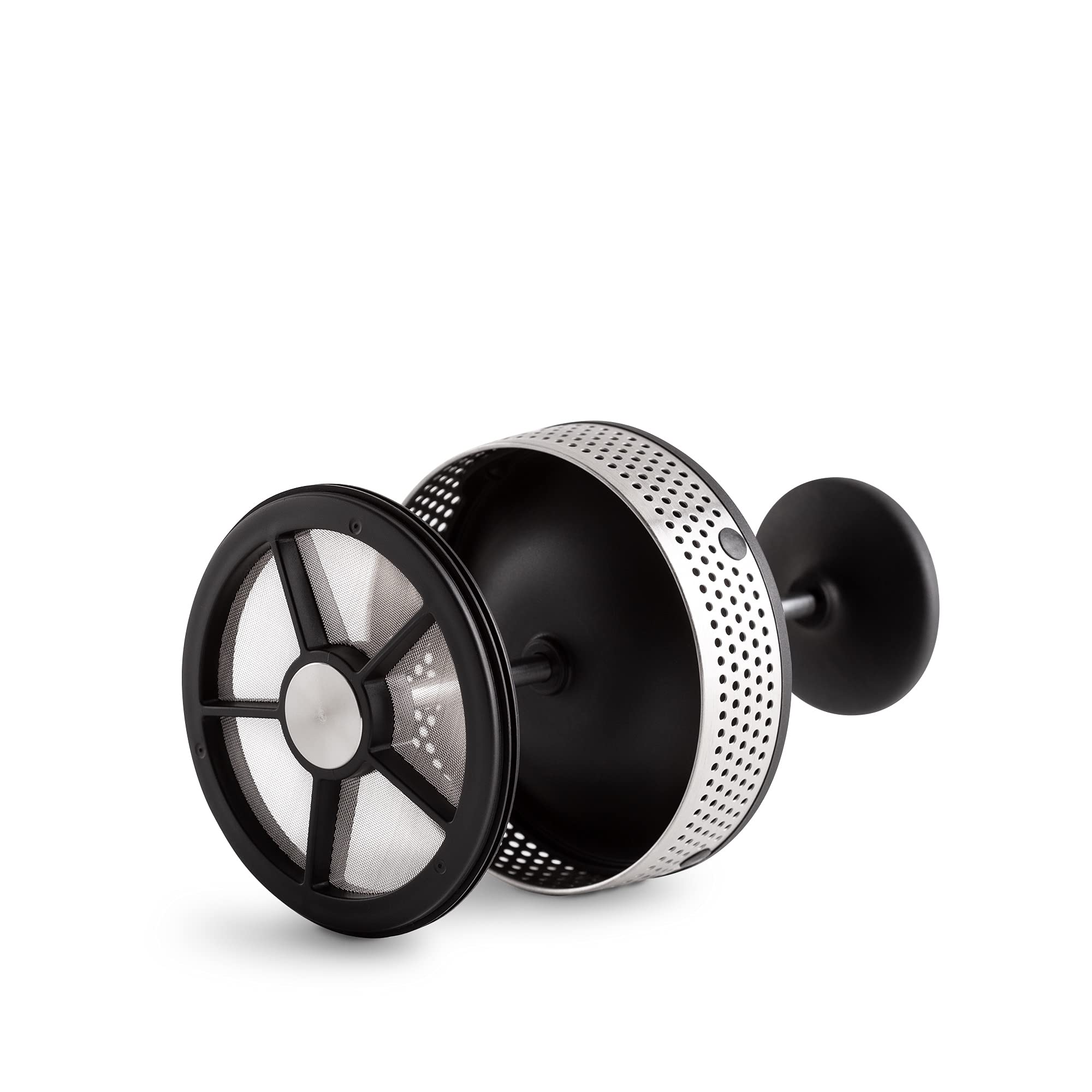 Black and silver french press piece on a white background