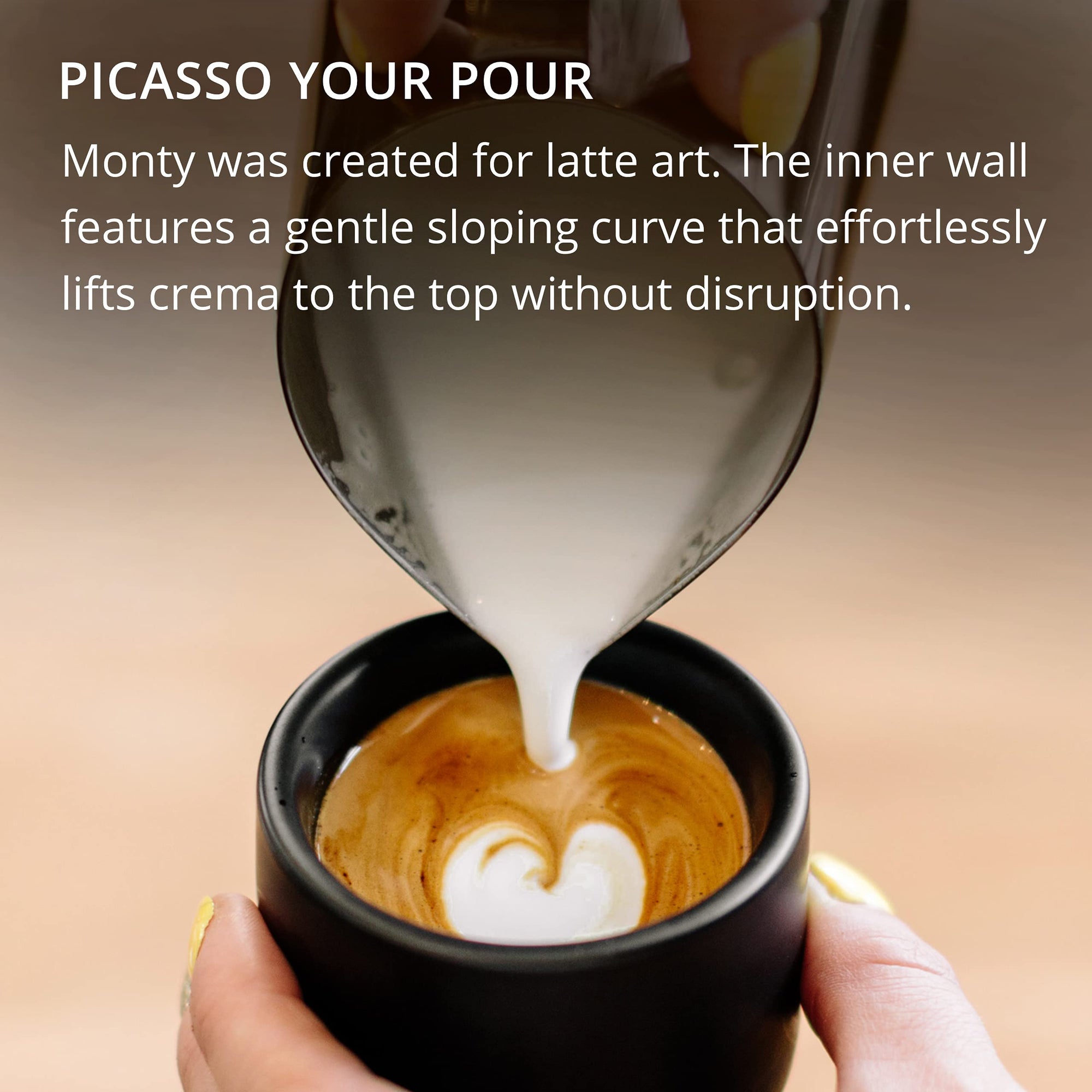 Person pouring milk into a cup of coffee to create latte art with text about the product's features.