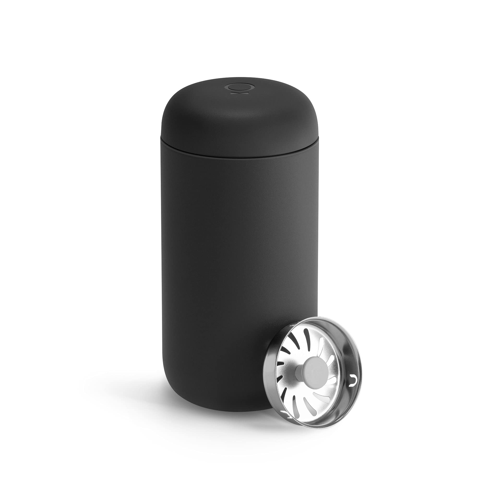 Matte black tumblr with a silver splash guard on a white background