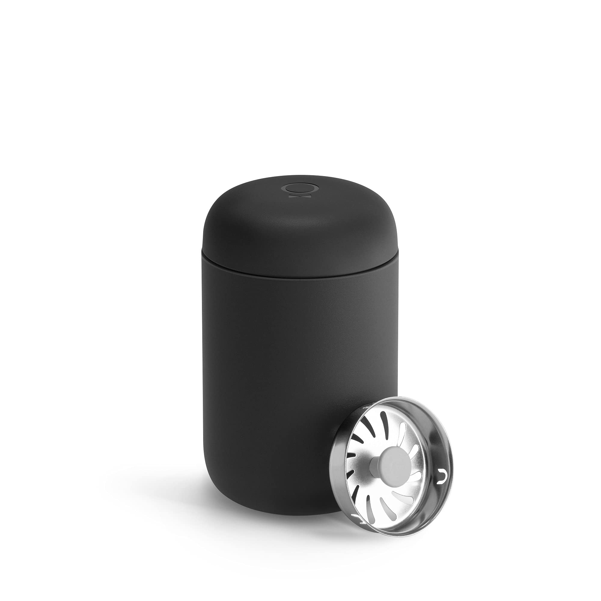 Matte black tumblr with silver splash guard on a white background