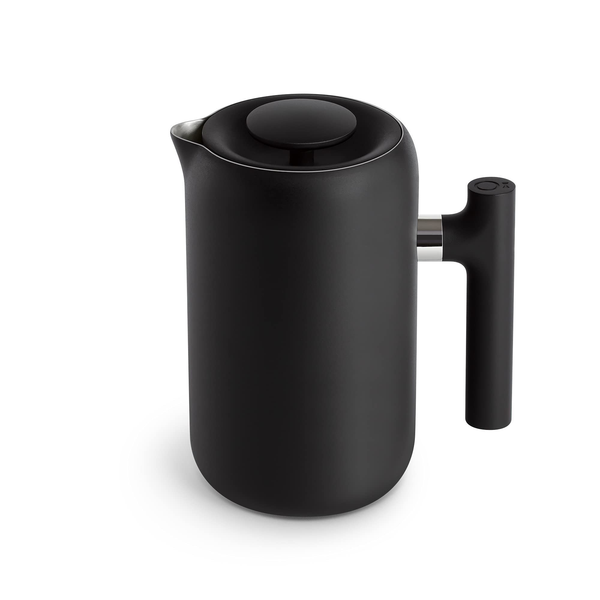 Black french press with a handle on a white background