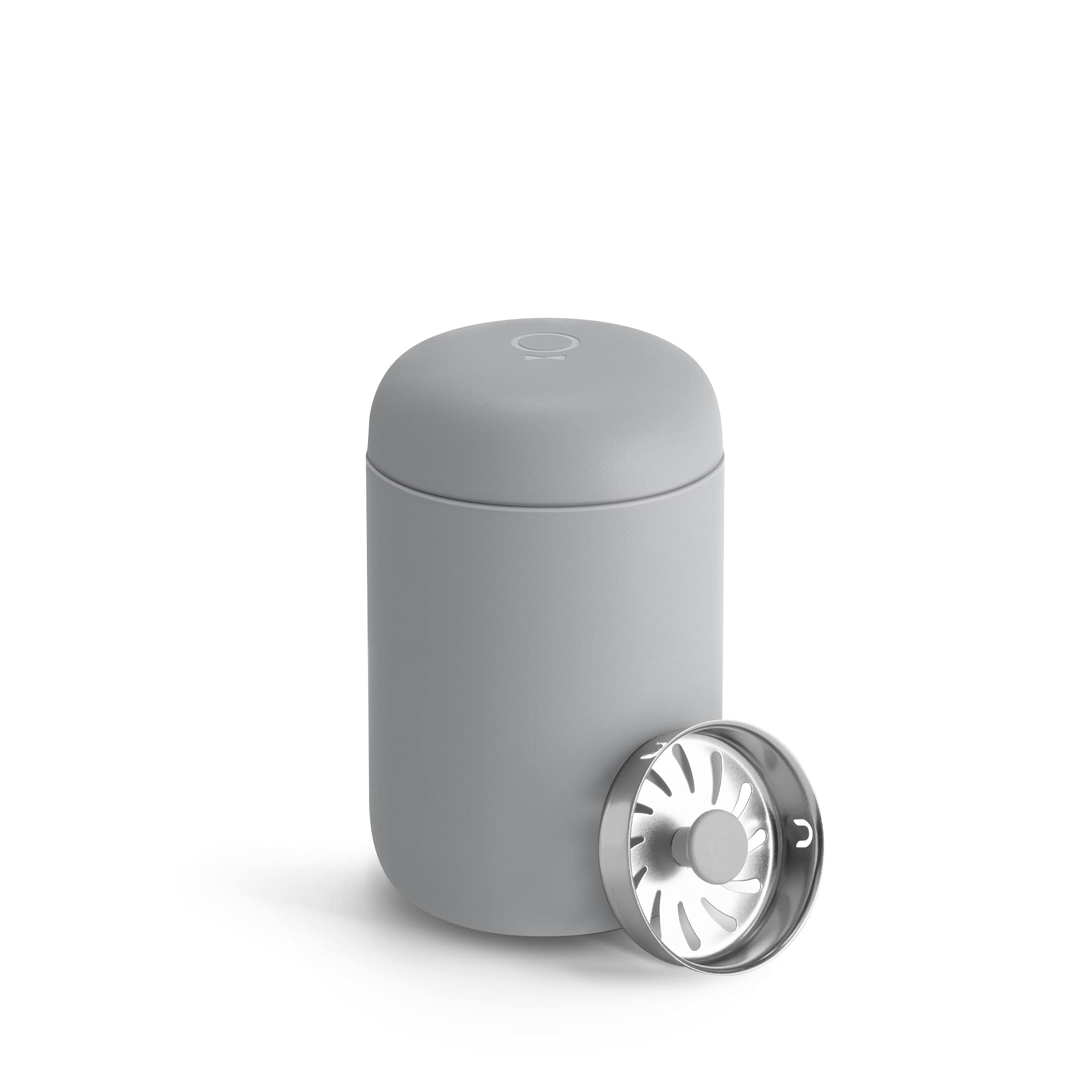 Matte grey tumblr with a silver splash guard on a white background