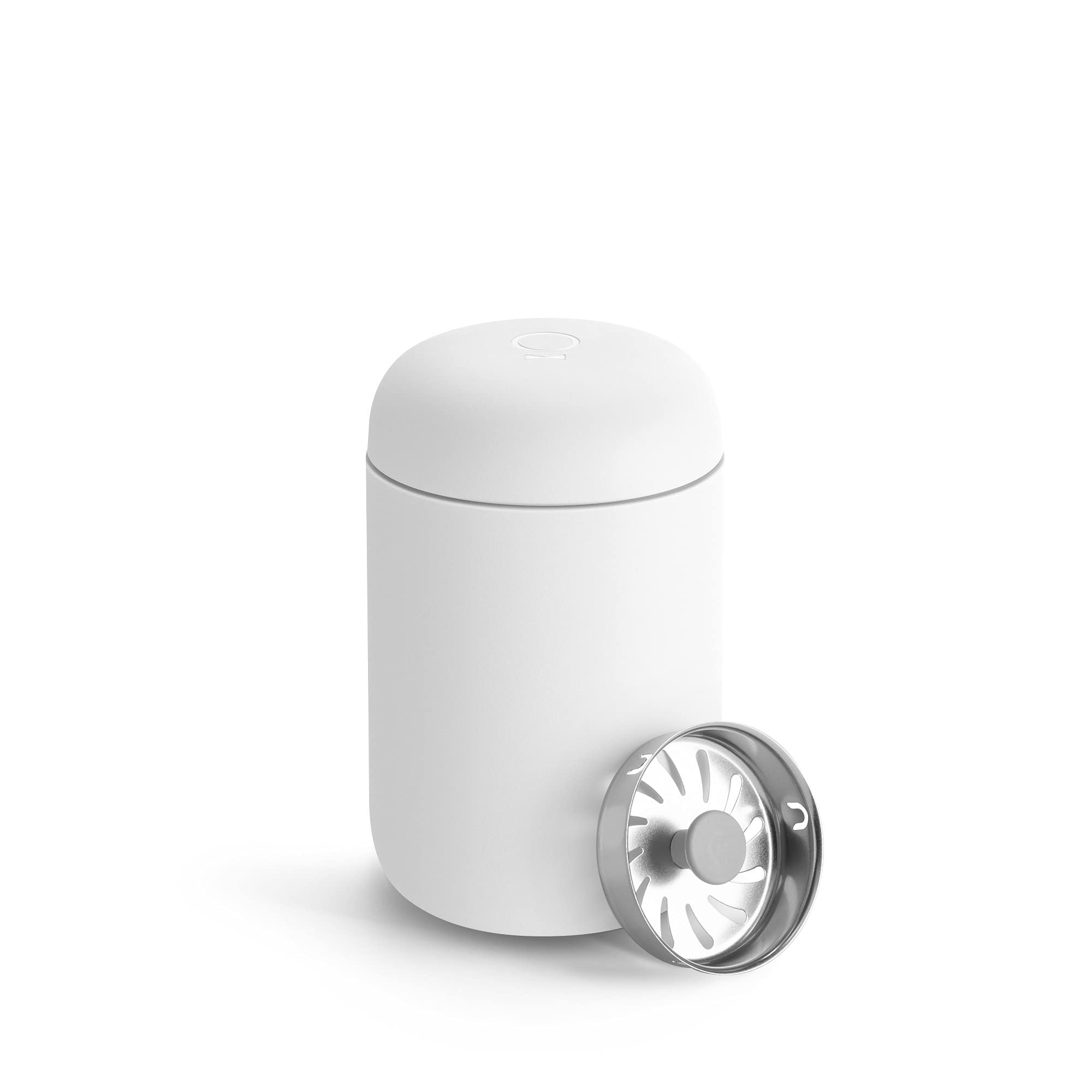 Matte white tumblr with a silver splash guard on a white background