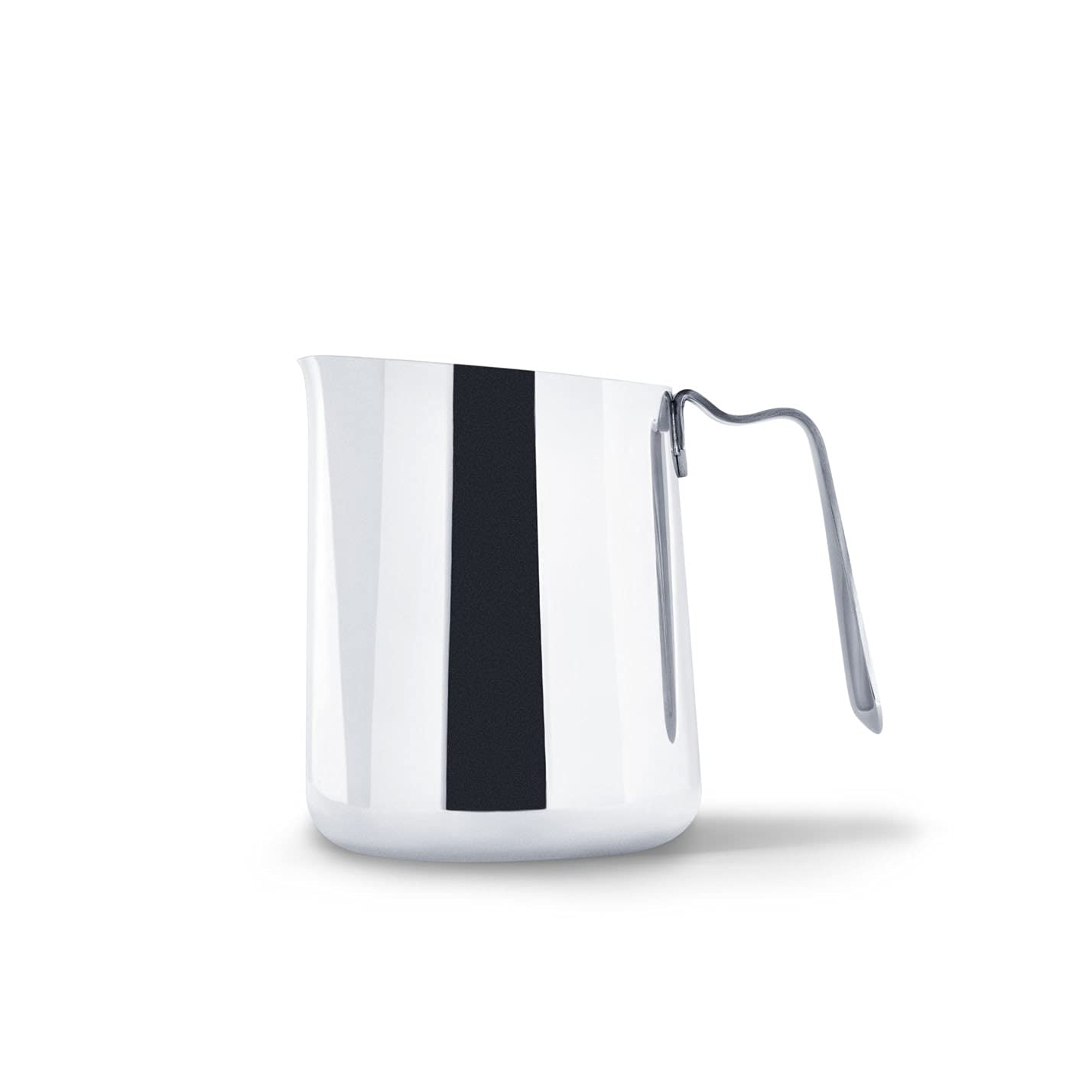 Polished steel milk steaming pitcher on a white background