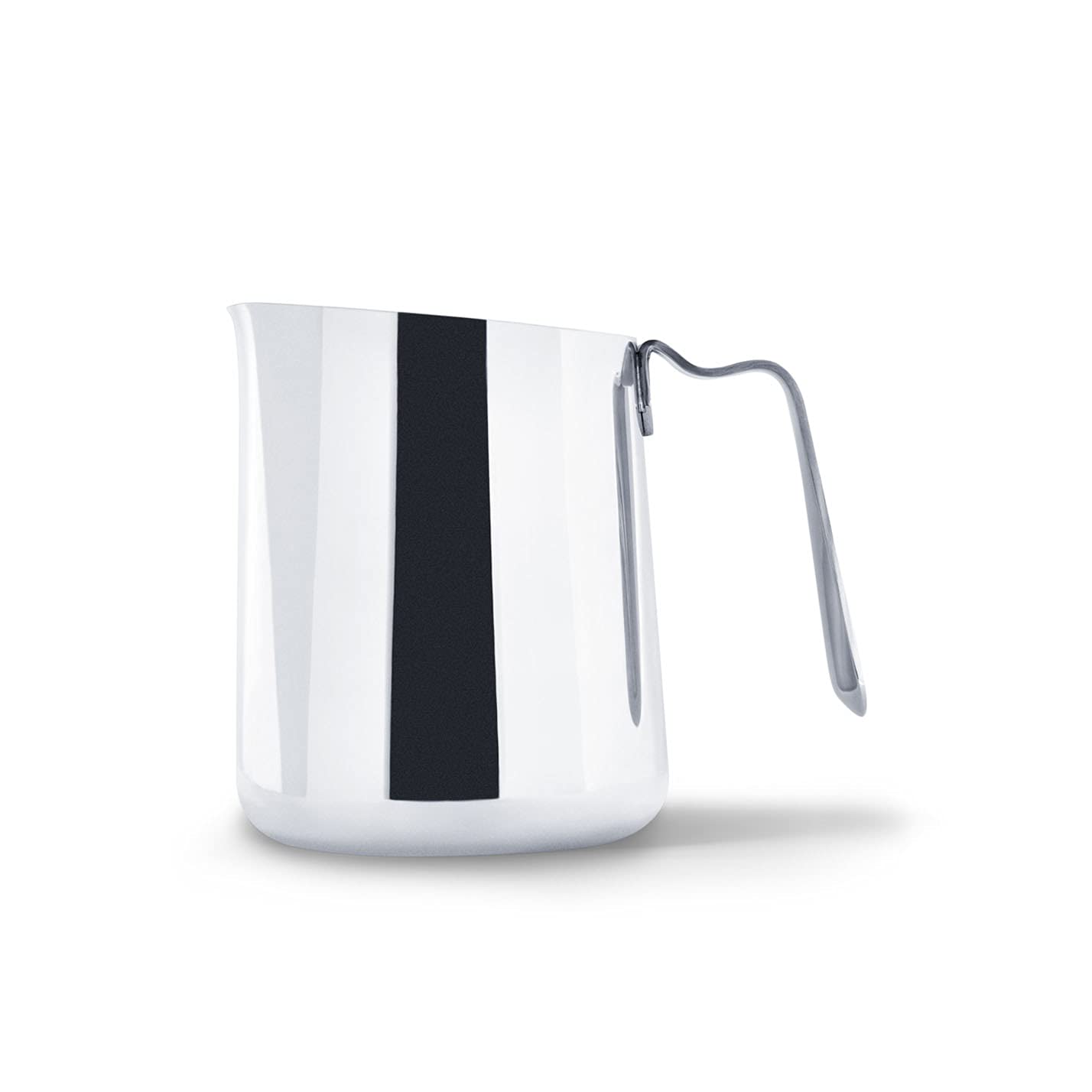 Polished steel milk steaming pitcher on a white background