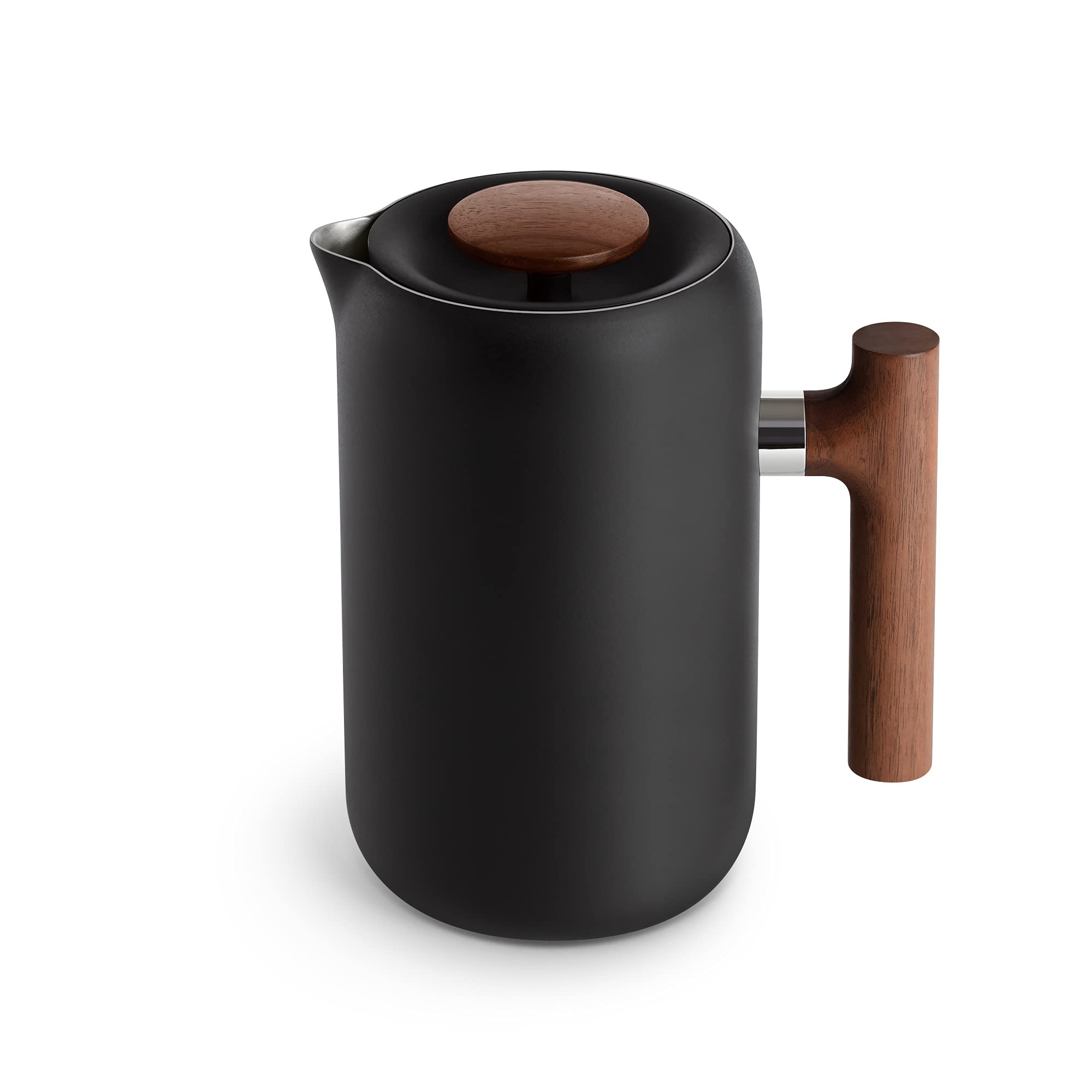 Black french press with wooden handle and lid on a white background