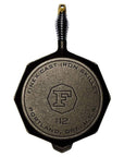 Bottom view of 12 inch FINEX Cast Iron Skillet with lid displayed on a white background