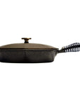 Side view of 12 inch FINEX Cast Iron Skillet with lid displayed on a white background