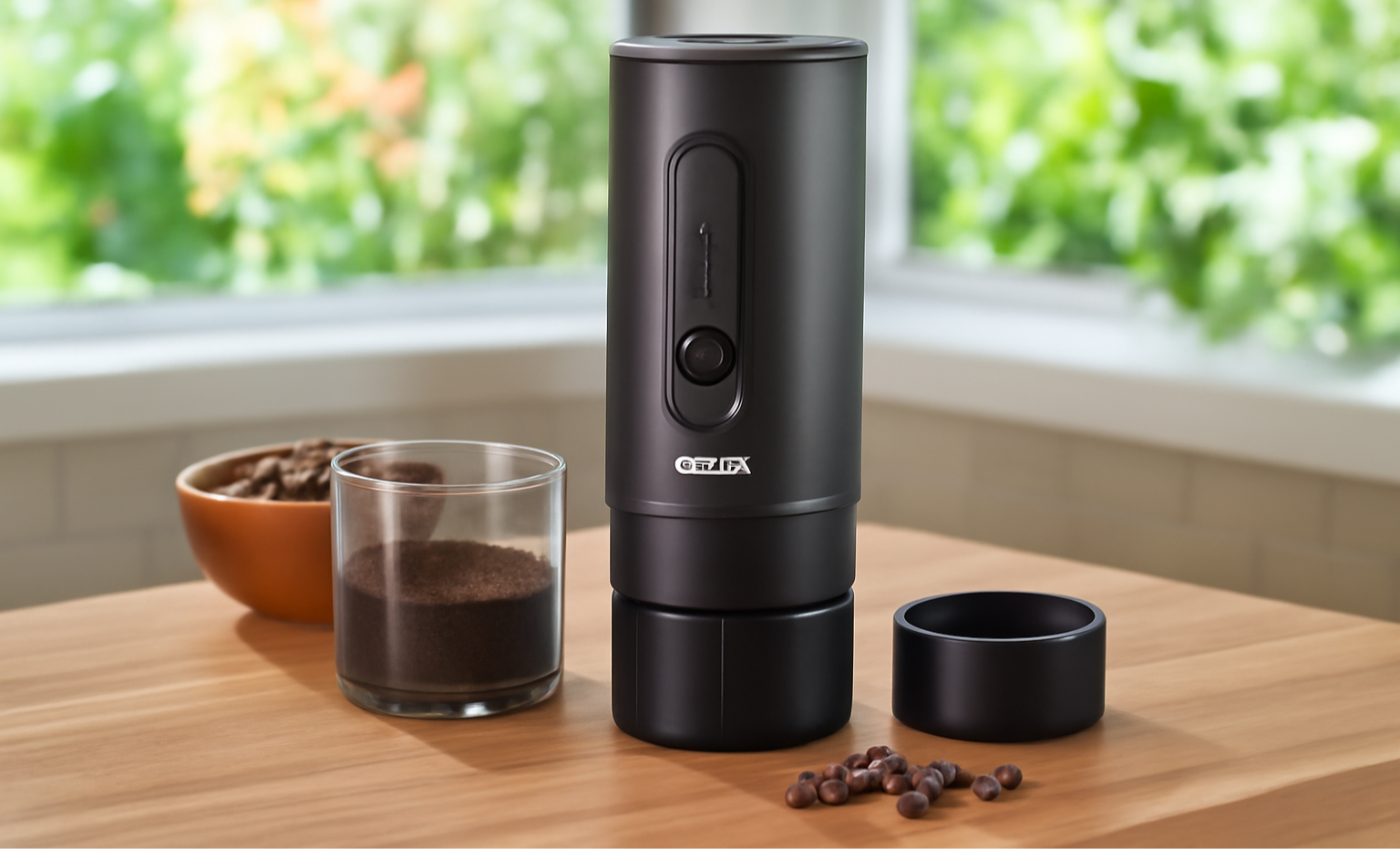 Black coffee grinder on a wooden table with coffee beans and a glass container.