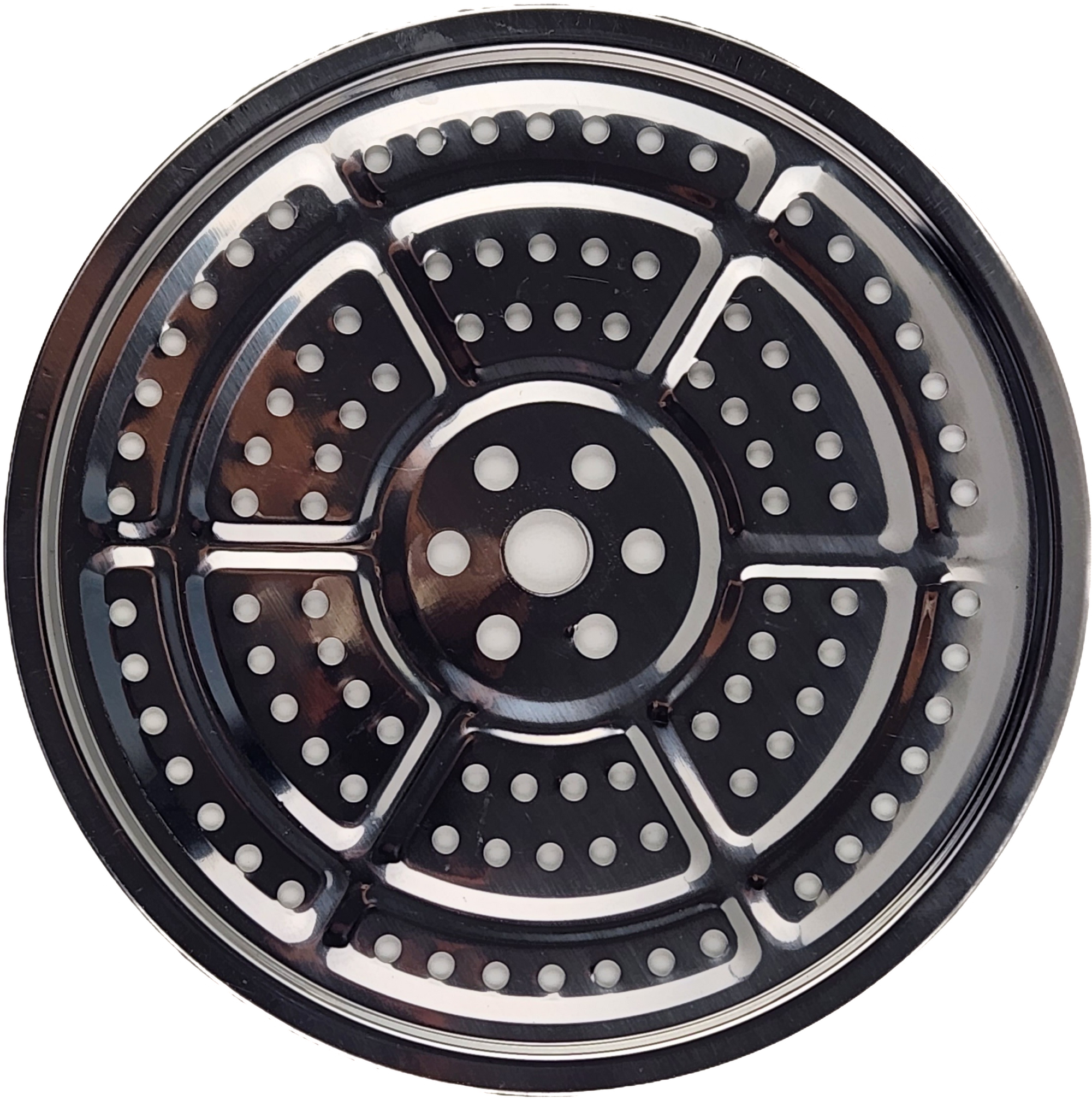 Black and silver circular metal component on a white background