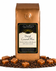 1 lb Coffee bag labeled 'Decaf Caramel Kiss' by J.L. Hufford with caramel candies and coffee beans on a white background