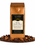 1 lb Coffee bag labeled 'Decaf Chocolate Almond' by J.L. Hufford with coffee beans, chocolate shavings, and almonds on a white background