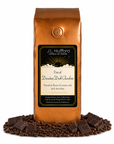 1 lb Decaf Decadent Dark Chocolate coffee beans bag with coffee beans and blocks of dark chocolate in front displayed on a white background