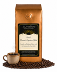 1 lb J.L. Hufford Decaf Herman's Signature Blend coffee bag with coffee beans and mug of coffee on a white background