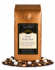 1 lb J.L. Hufford Decaf Rocky Road coffee bag with coffee beans, marshmallows, and peanuts covered in melted chocolate on a white background