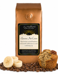 1 lb J.L. Hufford Banana Nut Cream Coffee bag with bananas, coffee beans, and muffin in front displayed on a white background