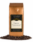 1 lb J.L. Hufford Cappuccino Coffee with coffee beans in front displayed on a white background