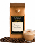 1 lb J.L. Hufford Cappuccino Coffee with coffee beans and a cappuccino in front displayed on a white background