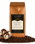 1 lb J.L. Hufford Chocolate-Dipped Triple Scoop Coffee bag with coffee beans and 4 vanilla scoops topped with chocolate syrup in front displayed on a white background