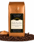 1 lb J.L. Hufford Chocolate Peanut Butter Coffee beans bag with coffee beans, chocolate, and bowl of peanut butter in front displayed on a white background
