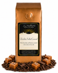 1 lb Chocolate Salted Caramel coffee beans bag with coffee beans, chocolate shavings, and blocks of salted caramel in front displayed on a white background