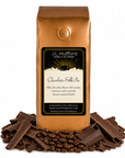 1 lb Chocolate Silk Pie coffee beans bag with coffee beans and chocolate shavings in front displayed on a white background